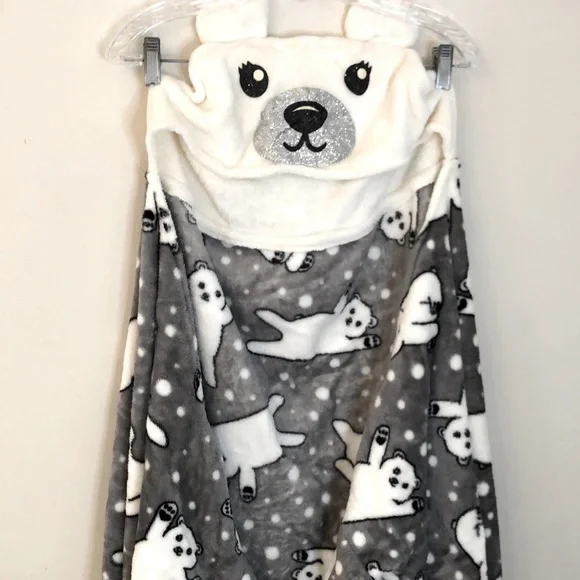 Justice Cozy Polar Bear Hooded Blanket Gray & White Polar Bear print with arms - Picture 1 of 8